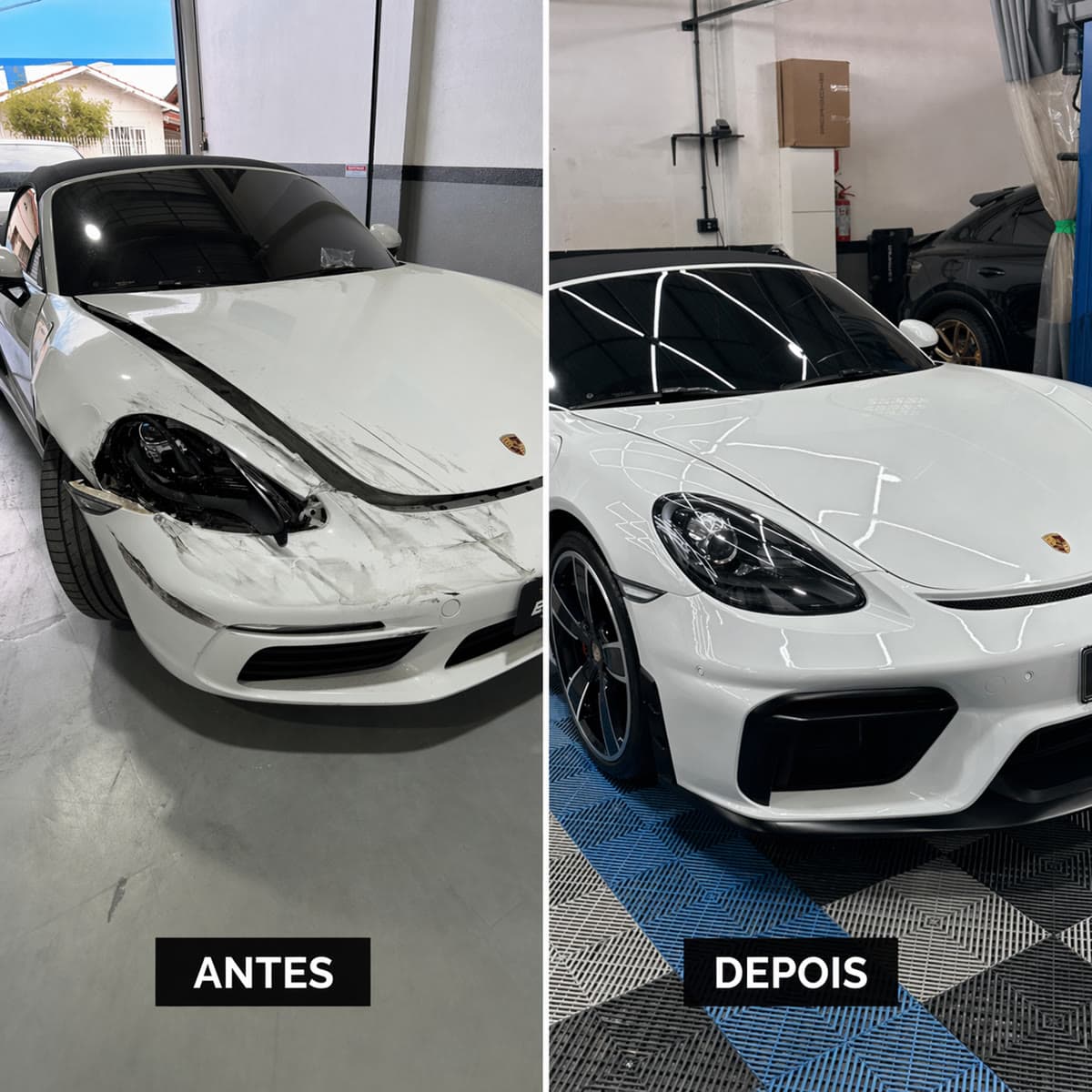 Funilaria e lanternagem em Porsche 718: reparo de colisão antes e depois na Exclusive Auto Reparos